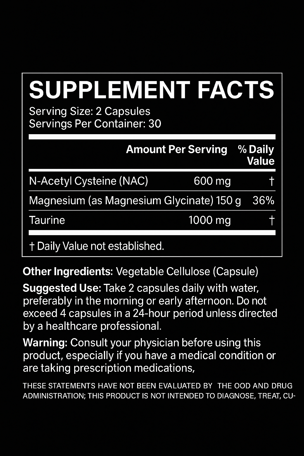 Supplement facts label with detailed nutritional information on a black background